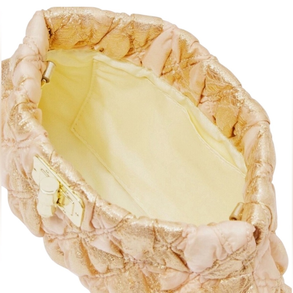 Lilly Pulitzer Gold Organza Quilted Chancey Clutch w/ Turn-Lock Closure & Chain - Picture 7 of 16